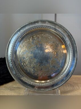 Wm Rogers Serving Tray with Pierced Rim Silverplate 12” Star Eagle Mark